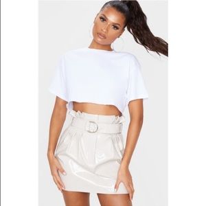 PrettyLittleThing Stone Vinyl Belted Paperbag Mini Skirt